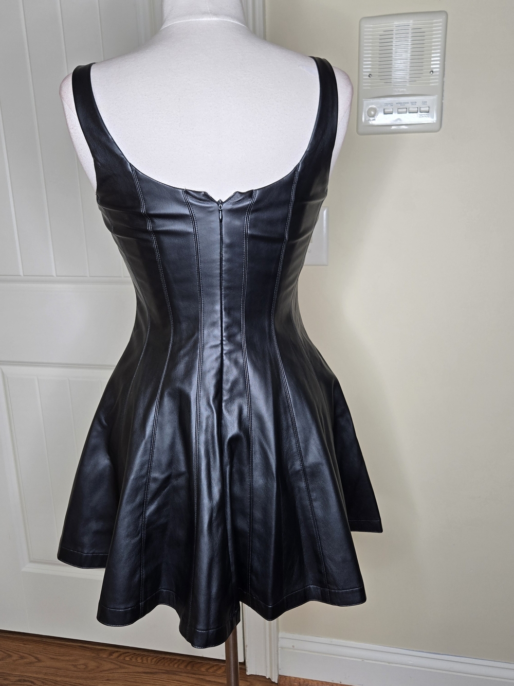 7 For All Mankind Womens Small Black Faux Leather Fit Flare Mini Dress Y2K - Picture 3 of 13